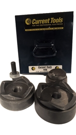 Current Tools 156 Knockout Punch and Die Set. Includes 2-1/2, 3, 3-1/2, and 4 inch punches and dies. 4-point design for slug removal. Rated for 10 gauge mild steel. Includes metal carrying case.