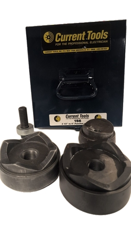 Current Tools 156 Knockout Punch and Die Set. Includes 2-1/2, 3, 3-1/2, and 4 inch punches and dies. 4-point design for slug removal. Rated for 10 gauge mild steel. Includes metal carrying case.