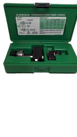 Greenlee RS232 Electronic Connector Panel Punch Unit. Designed to punch holes for 25-pin D-subminiature connectors in up to 16 gauge mild steel or 10 gauge aluminum. The unit punches the cutout and mounting slots in a single operation. Requires a 7/16-inc