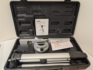 This self-leveling laser kit features a pendulum-based leveling system with a manual lock for angled layouts and transport safety. It projects visible red horizontal and vertical lines with ±1/4 inch accuracy at 30 feet. The 82844 package includes a heigh